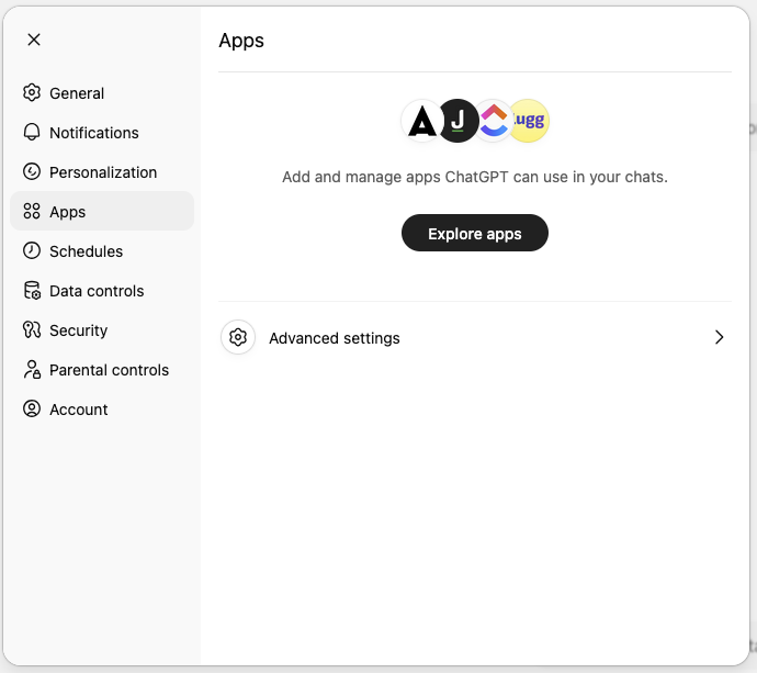 Apps settings page