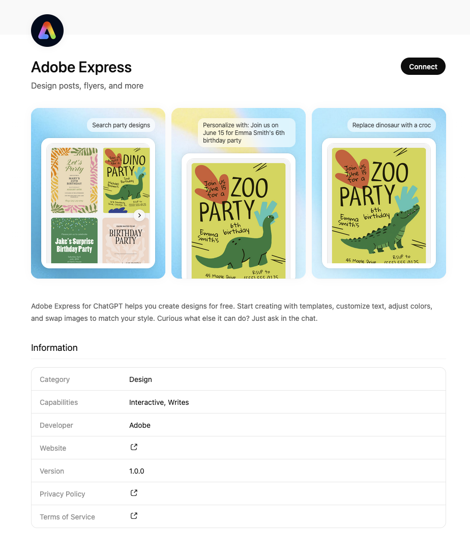 Adobe Express app page with Connect button
