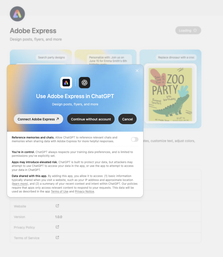 Adobe Express connection dialog