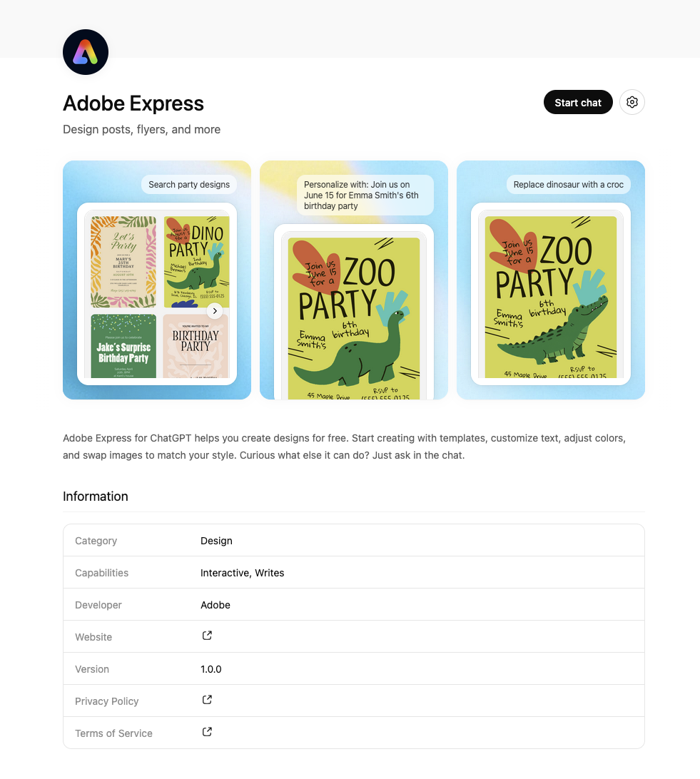 Adobe Express page after connection
